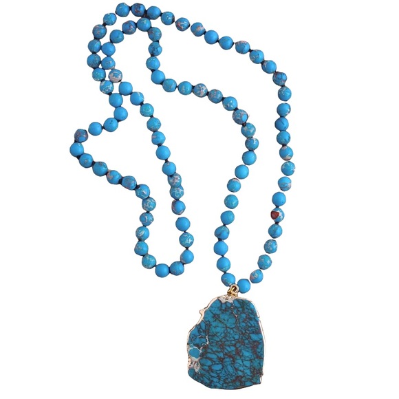 NWT Long Turquoise Necklace with gold coat around main stone pendant KNO… - Picture 2 of 3